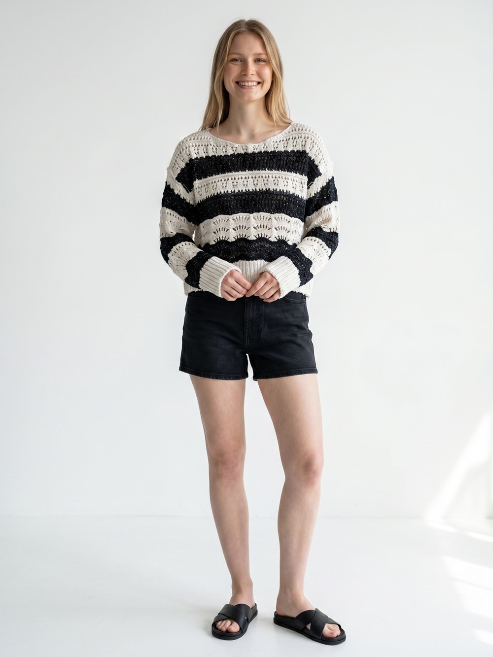 Anthropologie‎ Ecote Black Cream Open Knit Striped Fringe Sweater Size L NWT